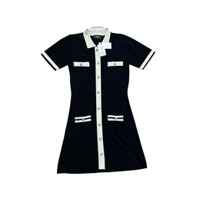 Cider Women's Black Knit Mini Dress Cream Trim Short Sleeve A-Line Collar M